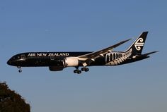 an air new zealand jet flying in the sky with trees behind it and blue skies above