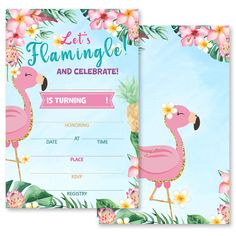 a pink flamingo themed birthday party with flowers and palm leaves on the side, along with an information card that says let's flamingo and celebrate