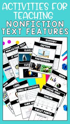 an activity book for teaching non - fiction text features, including pictures and writing materials