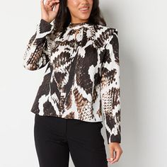 This Worthington women's blouse makes a statement with its printed fabric, high mock neck design and long flowy sleeves. Pair it with tailored trousers and heels for an evening out. Closure Type: ButtonFit: Regular FitNeckline: Mock NeckSleeve Length: Long SleeveSleeve Style: Fitted SleeveApparel Length: 24.25 InchesFiber Content: 100% PolyesterFabric Description: TwillCare: Machine Wash, Tumble DryCountry of Origin: Imported High Rise Skirt, Mock Neck Long Sleeve, Flowy Sleeves, Satin Blouse, Tailored Trousers, Shop Blouses, Black Blouse, Neck Designs, Mock Neck