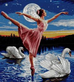 a painting of a ballerina dancing on the water with swans in front of her