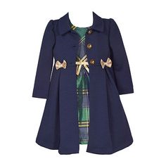 Navy textured knit coat with front bows over slvls plaid dress with bow trim # Pieces In Set: 2Included: 1 Jacket(s)2nd Piece Description: Jacket2nd Piece Closure Type: Button2nd Piece Sleeve Length: Long Sleeves2nd Piece Fabric: Knit2nd Piece Fiber Content: 98% Polyester, 2% Spandex2nd Piece Care: Line Dry, Machine WashClosure Type: ZipperNeckline: Round NeckSleeve Length: SleevelessDress Length: Knee LengthFiber Content: 77% Polyester, 23% MetallicFabric Description: TaffetaLining Material: Po 12 Month Dress, Baby Dress Set, Preppy Plaid, Sisters Dress, Bonnie Jean, Plaid Coat, Thanksgiving Outfit, Knitted Coat, Flutter Sleeve Dress