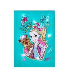 a card with a girl holding a dog on it's shoulder and stars in the background