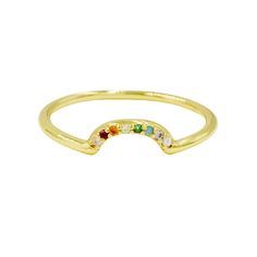 Our Rainbow Arch ring will add the perfect splash of color to your ring stack and looks equally cool worn solo. A beautiful symbol to celebrate love, hope and inclusion. Available in gold or silver. Wear it stacked with our Opal Solitaire ring. DETAILS 14kt gold plated or sterling silver sizes 5-12 available 1.5mm band Also comes in a White Crystal Pave version. Gold Gemstone Stackable Rings For Promise, Gold Stackable Promise Rings With Gemstones, Rainbow 14k Gold Stackable Jewelry, Elegant Adjustable Rainbow Rings, Promise Yellow Gold Stackable Midi Rings, Rainbow 14k Gold Round Rings, Rainbow 14k Gold Rings, Rainbow Stackable Jewelry For Promise Ring, Elegant Stackable Rainbow Ring