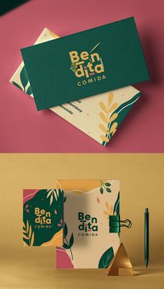 two different business cards with the words ben dida comida on them and an image of