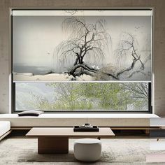 a living room filled with furniture and a large window covered in frosty glass panels