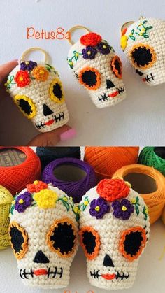 crocheted sugar skulls with flowers on them