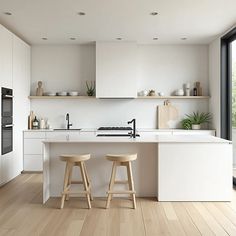 two stools are in front of the kitchen counter