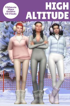 three girls in winter clothes standing next to each other with their arms crossed and headphones on