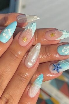 #fashion, #style, #outfitinspiration, #beauty Ongles Baby Blue, Beach Themed Nails, Mermaid Nail Art, Seashell Nails, Beachy Nails, Summer Nails Beach, Nagellack Trends, Baby Blue Nails, Smink Inspiration