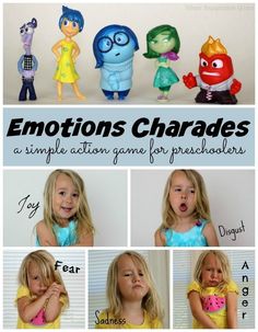 the emotions charadess game for preschoolers is shown in four different pictures, including two