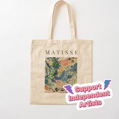 a tote bag with the words matissee on it and an image of flowers