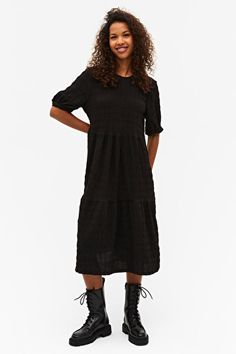 Black midi flounce dress - Black - Monki WW Flounce Dress, Back Round, Classic Denim Jacket, Flounced Dress, Cardigan Outfits, Summer Inspiration, Blue Denim Jacket, Black Midi, Knitwear Cardigan