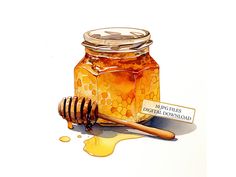 a jar of honey with a wooden spoon next to it