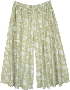 A white floral printed cotton palazzo pants with a light green colored base.  These wide-leg cotton pants are wide legged for an extra-flowy look that gives you a cool summer vibe. #tlb #SplitSkirtsPants #XLPlus #Printed #plussizecottonpants #plussizehippieclothing Beach Cotton Pants With Floral Print, Green Floral Print Wide-leg Pants, Spring Green Floral Print Wide Leg Pants, Spring Floral Print Green Wide Leg Pants, Spring Green Wide Leg Pants With Floral Print, Full Length Floral Print Wide Leg Pants For Summer, Green Wide Leg Pants For Spring Vacation, Green Relaxed Fit Wide Leg Vacation Pants, Green Relaxed Fit Wide Leg Pants For Vacation