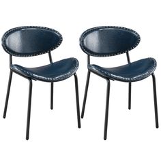 pair of blue leather chairs with black metal legs and studded trim on each side