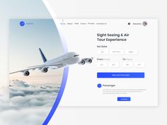 the landing page for an airplane that is flying in the sky with clouds around it