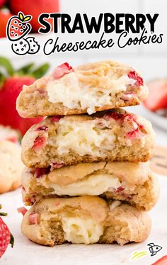 strawberry cheesecake cookies stacked on top of each other