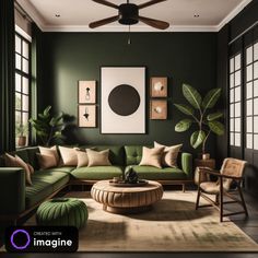 a living room with green walls and furniture