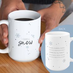 a person holding a coffee mug with the words i ammel snow on it next to an image of someone's hand