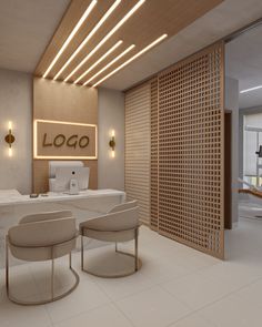 the interior of a nail salon with white chairs and lights on the ceiling, along with an open door