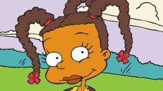 the simpsons character with long braids on her head is looking at something in the distance