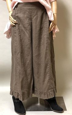 Wide Leg Linen Pants with Ruffle Bottom - Garbo Pant in Linen, USA – Heart's Desire Clothing Casual Ruffled Hem Bottoms For Fall, Casual Ruffled Trousers, Fitted Wide Leg Bottoms With Ruffle Hem, Chic Full-length Ruffled Bottoms, Casual Ruffled Relaxed Fit Pants, Casual Wide-leg Pants With Ruffles, Casual Solid Color Pants With Ruffles, Summer Wide Leg Bottoms With Ruffle Hem, Spring Wide Leg Pull-on Style Bottoms