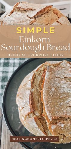 a round loaf of sourdough bread sitting on top of a black plate with text overlay