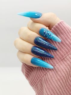 Aquarius Press On Nails Glitter Nails Blue Nails Zodiac Etsy Birthday Nails Long, Astrology Nails, Aquarius Nails, Zodiac Nails, Nails Long Stiletto, Funky Nail Art, Long Stiletto Nails, Halloween Press On Nails, Nails Ombre