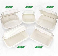 six disposable take - out containers with lids and dividers are shown on a marble surface