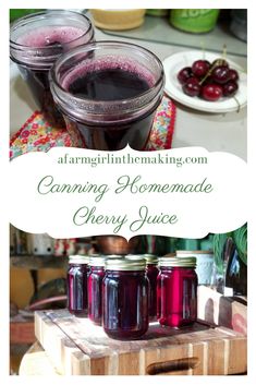 canning homemade cherry juice in mason jars