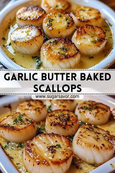 garlic butter baked scallops in a white dish