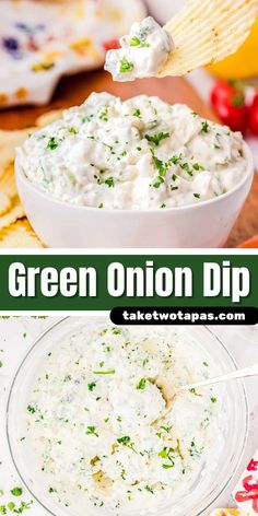 green onion dip in a white bowl with a wooden spoon on the side and text overlay that reads, green onion dip