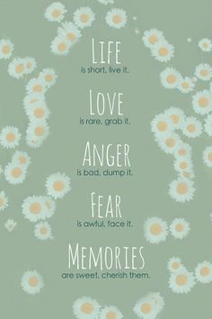 a quote with daisies on it that says, life is short live it love anger fear