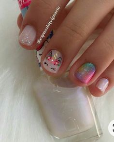 Chloe Nails, Unicorn Nails Designs, Kids Nail Designs, Girls Nail Designs, Nail Art For Kids, Magic Nails, Unicorn Nails, Baby Nails, Almond Acrylic Nails