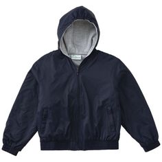 A Hooded Bomber jacket in nylon, fully lined with fleece knit. This jacket has a front zip closure, two zippered front pockets and one inside chest pocket. This also features a reflective zipper pull and elasticized cuffs. Size: M.  Color: Blue.  Gender: unisex.  Age Group: kids. Nylon Hooded Jacket With Ykk Zipper, Hooded Nylon Fleece Jacket With Pockets, Hooded Sports Outerwear With Zipper Closure, Hooded Windbreaker With Zip Fly For Outdoor Activities, Solid Hooded Track Jacket With Zipper Closure, Hooded Outerwear For School, Blue Hooded Jacket With Zipper For Outdoor, Outdoor Hooded Jacket With Zip Fly, Solid Outerwear With Fleece Lining For Sports