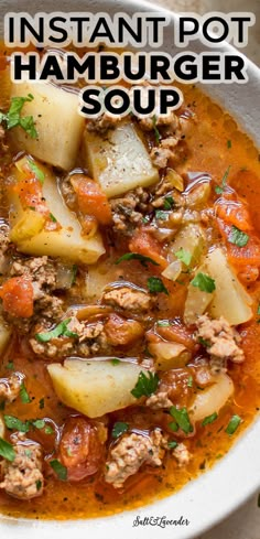 instant pot hamburger soup in a white bowl with text overlay that reads instant pot hamburger soup