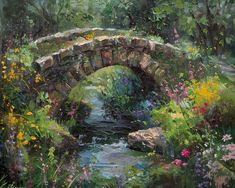 a painting of a stone bridge over a stream surrounded by wildflowers and other flowers