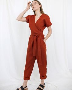 Linen Wrap Jumpsuit, Bohemian Clothing, Linen One Piece D E S C R I P T I O N - Wrap-style jumper for a comfortable fit - Elegant V-shaped neckline - Kimono sleeves (short) - Attached tie at waist, gentle pleats at the waist - Deep side pockets - Tapered leg D E T A I L S - Name: AMSTERDAM - Sizes: XS - XXL - Color: Mustard, Dusty peach, Salmon, Terracotta, Burgundy red, Cacao, Pine green, Chartreuse green, Milky white, Dusty Lavender, Light Grey, Mint, Sky blue, Blue, Deep blue, Striped grey, G Summer Fitted Jumpsuits And Rompers With Tie Waist, Fitted Summer Jumpsuits And Rompers With Tie Waist, Summer Wrap Jumpsuits And Rompers With Tie Waist, Linen One Piece, Wedding Guest Jumpsuit, Jumpsuit Formal, Jumpsuit Wedding Guest, Bridesmaid Jumpsuit, Jumpsuit Wedding