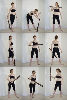 a woman is doing different poses while holding a baseball bat