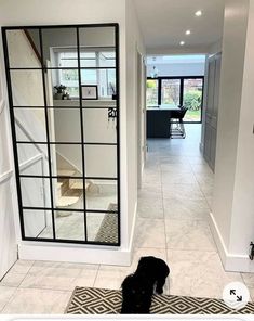 a black dog sitting on the floor in front of a mirror and door to another room