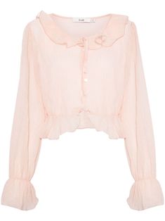 light pink semi-sheer construction ruffled detailing front button fastening long sleeves flared hem cropped Yoko London, City Dress, Summer Beach Wear, Crop Blouse, Pink Blouse, Lady Dior, Jacket Tops, Denim Dress, All Fashion