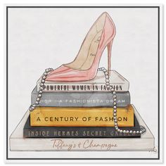 a drawing of a high heeled shoe sitting on top of three books with pearls