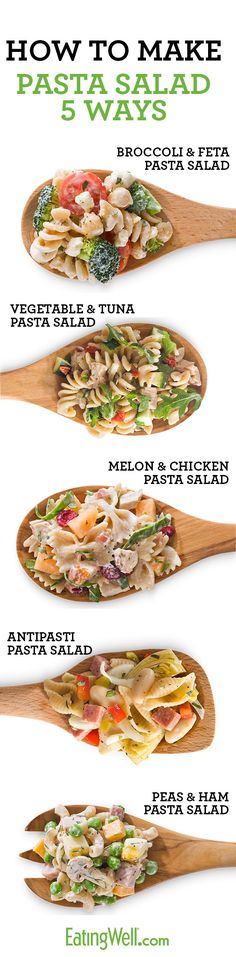 four wooden spoons with different types of food on them and the words how to make pasta