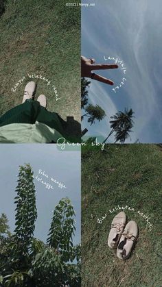 four different shots of someone laying in the grass