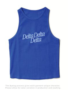 Product Color Varsity Blue Product Details University Tees UT009 Ribbed high-neck tank top Product Description Elevate your sorority wardrobe with our Varsity Blue Slanted Matching Set Tank. Crafted from the softest fabric, this tank provides ultimate comfort and style, making it a staple year round. Embrace the perfect blend of warmth and breathability with this must-have addition to your collection Note: This product is designed for a comfortable and breathable fit. It is intentionally crafted Blue Cotton Racerback Tank Top, Blue Cotton Racerback Top, Blue Stretch Tank Top, Sorority Names, Alpha Omicron Pi, University Tees, High Neck Tank Top, Weather Day, High Neck Tank