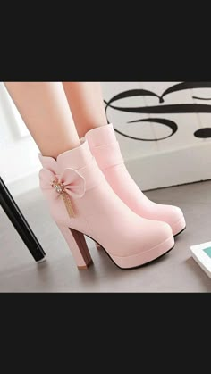 Sepatu Pump, Knee High Stiletto Boots, Kawaii Shoes, Pink Boots, Fancy Shoes, Stiletto Boots, Rhinestone Bow, Girly Shoes, Platform Heels Chunky