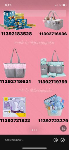 a pink background with many different types of items on it, including bags and purses