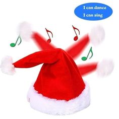 a red santa hat with musical notes coming out of it's ears and the words i can dance