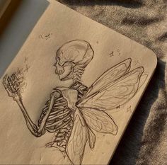 a drawing of a skeleton holding a flower